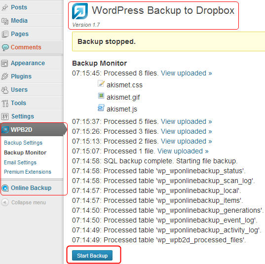 WordPress Backup To Dropbox plugin